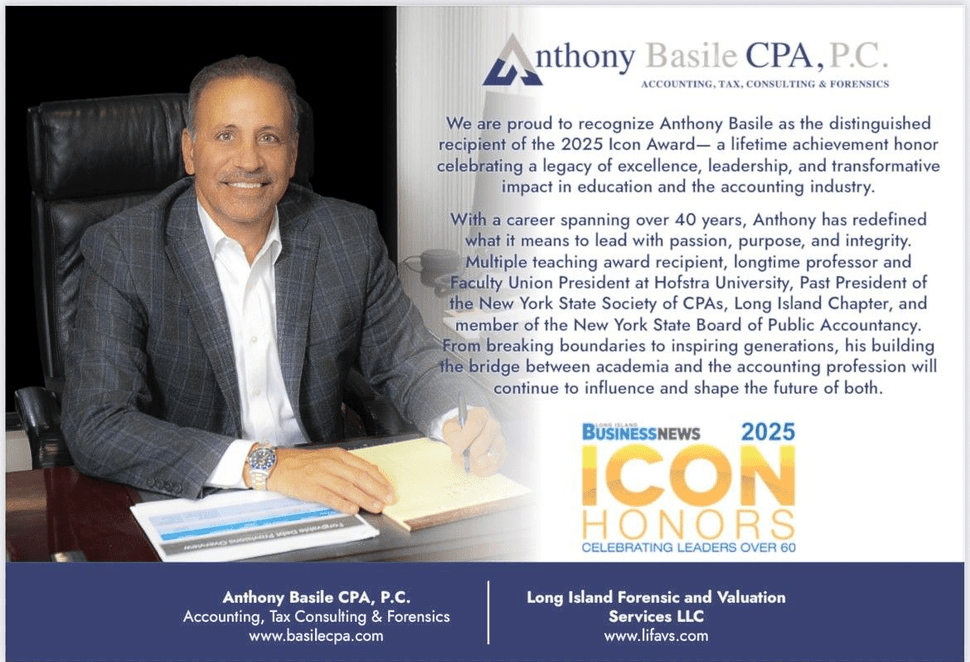 Anthony Basile sitting at a desk writing on a notepad, featured alongside text announcing him as the recipient of the 2025 Icon Award from Long Island Business News for lifetime achievement in accounting and education.